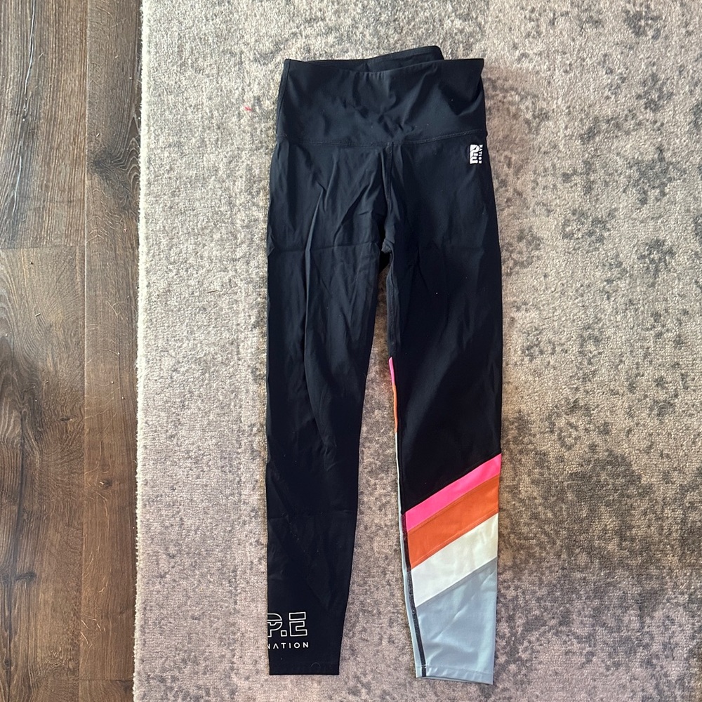 P.E Nation Leggings in Black with Pink, Orange, and Gray Accents